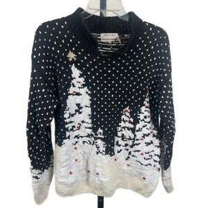 Lauren Hansen Hand Knit Sweater Women's Size Small Black Christmas‎ Snow Scene